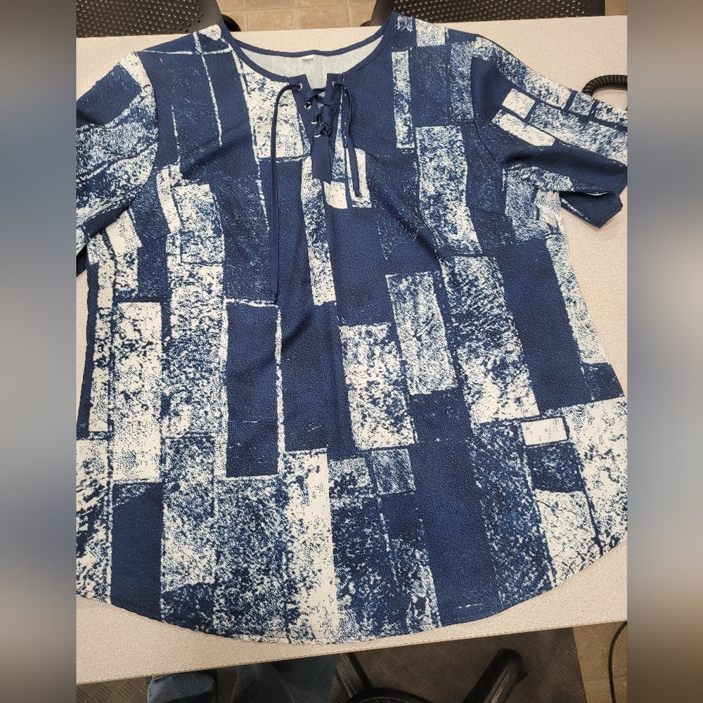 (4 For‎ $20) Blue and White Blouse With Lace Up Neckline